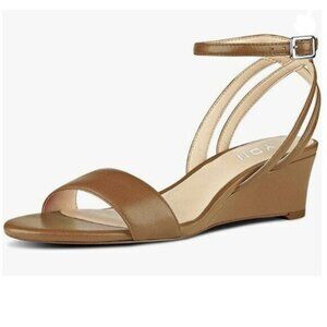 YDN Brown Open Toe Low Heel Wedge Sandals Ankle Straps Slingback Summer Shoes